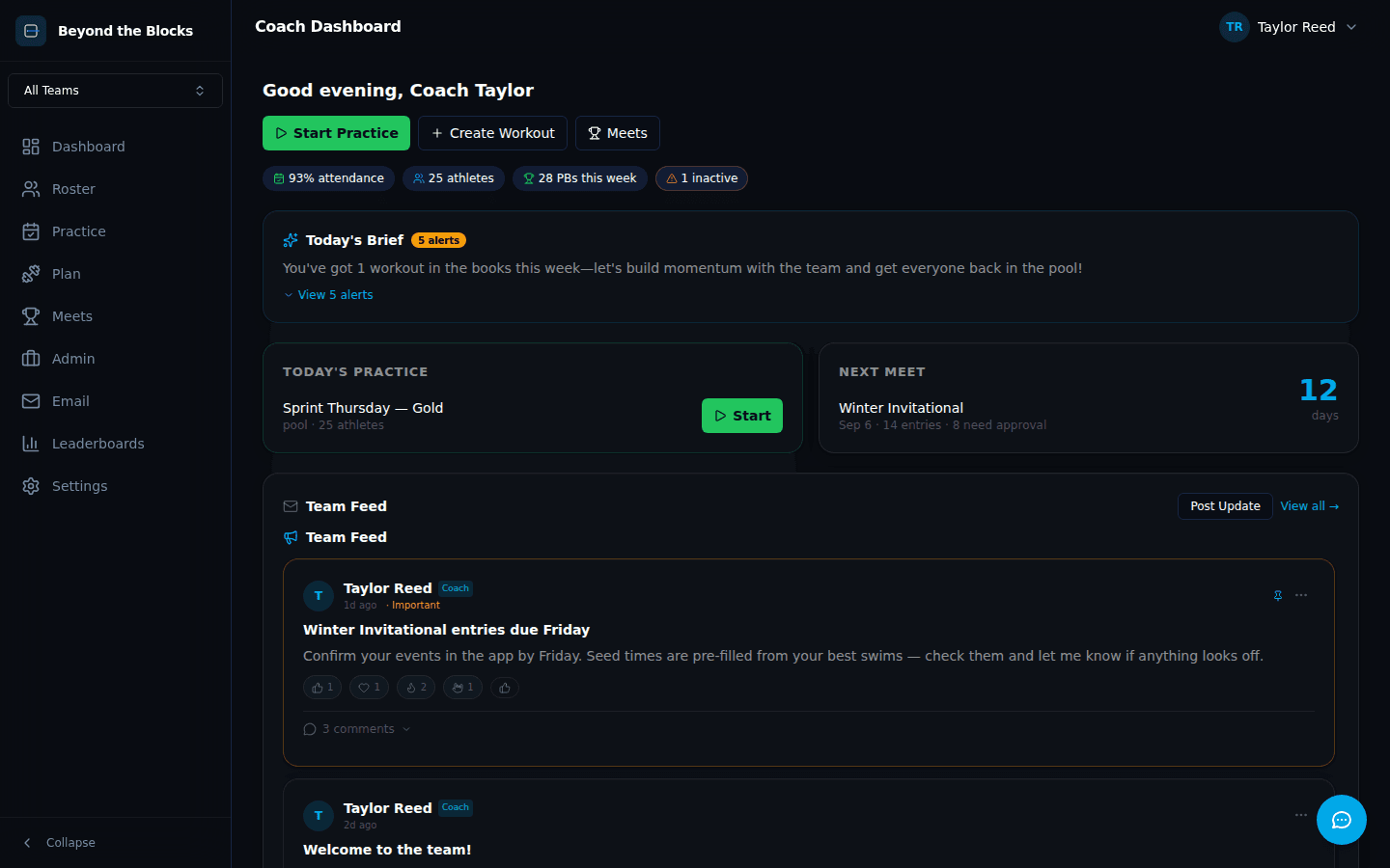 Beyond the Blocks coach dashboard — team pulse, today's practice, and AI alerts
