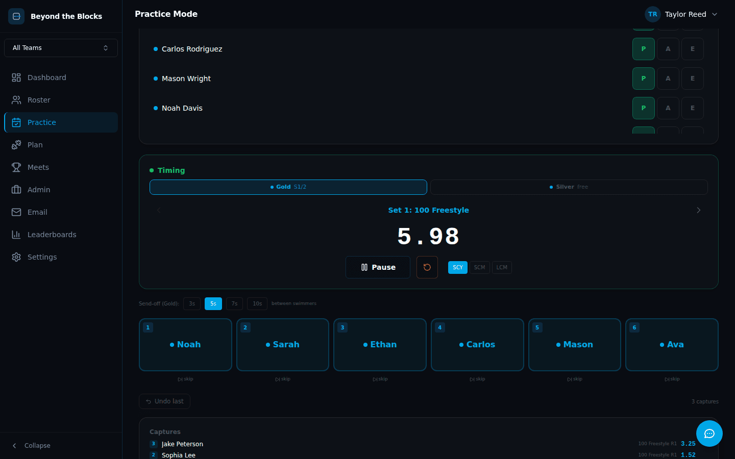 Beyond the Blocks multi-lane practice timer capturing per-rep times for every swimmer