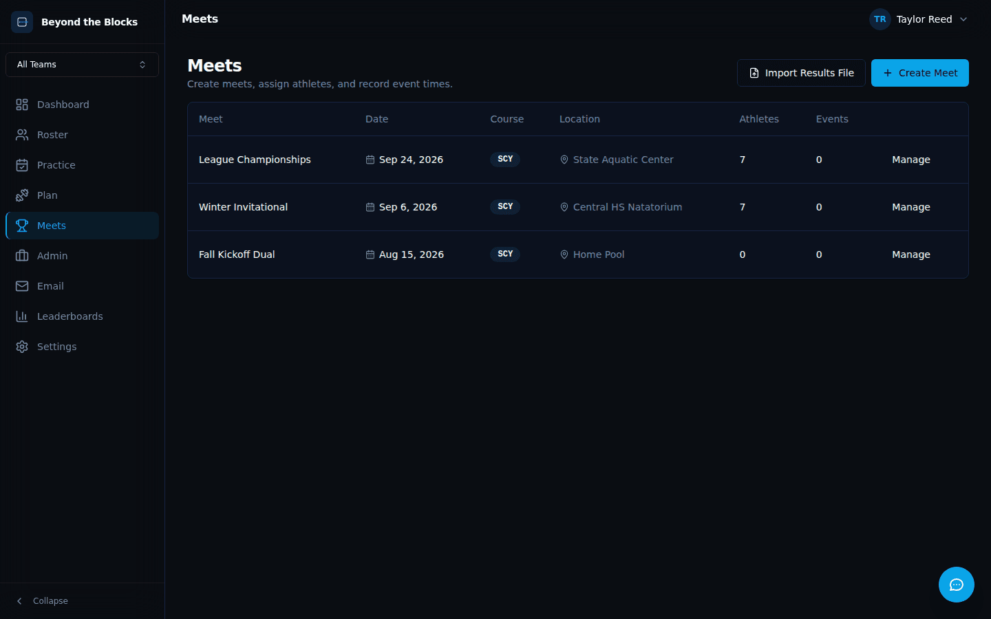 Meet entry and fee management view